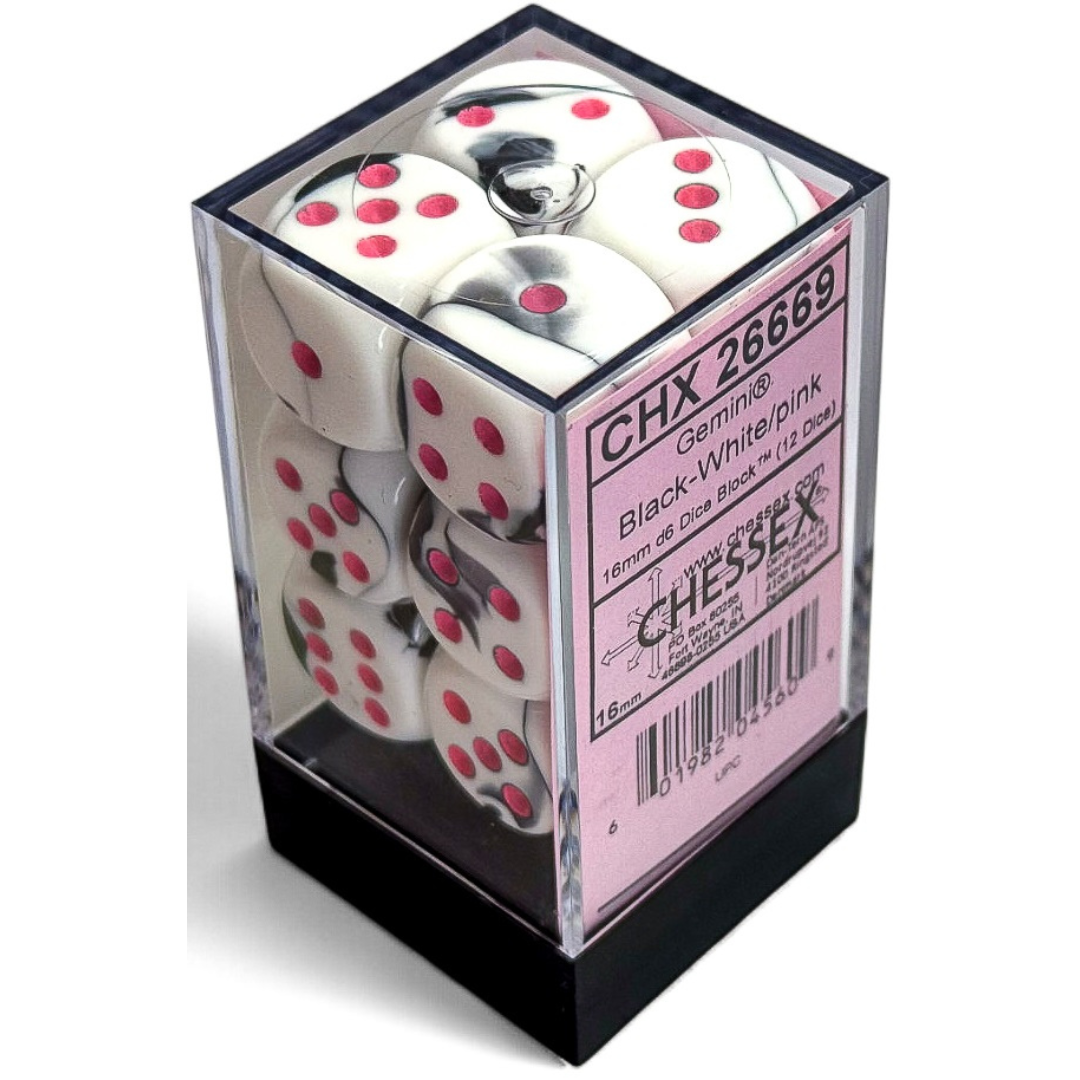 Dice Chessex GEMINI 12D6 BLACK-WHITE/PINK 16MM 26669