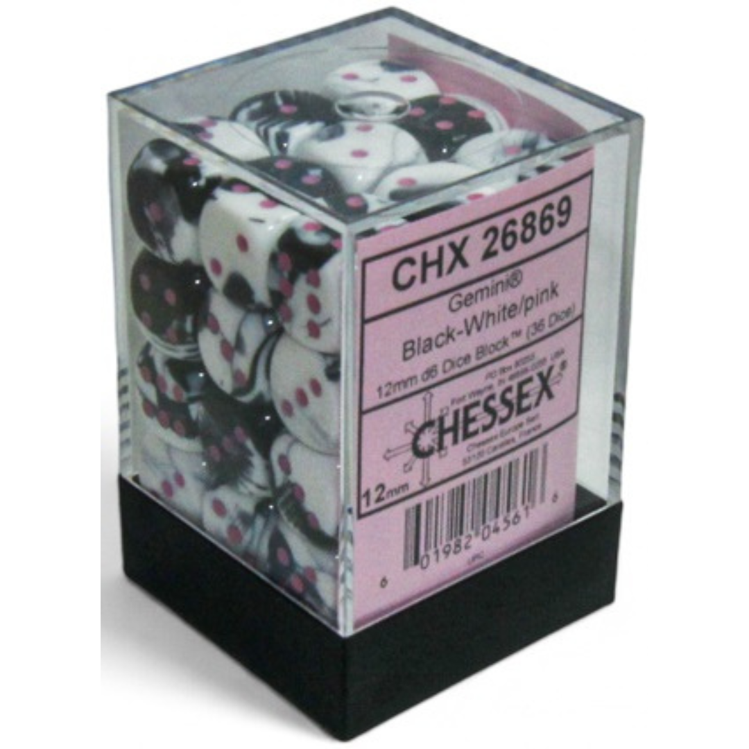Dice Chessex GEMINI 36D6 BLACK-WHITE/PINK 12MM 26869