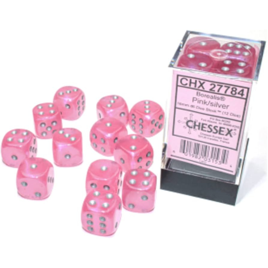 Dice Chessex 16mm d6 12 Dice Set Borealis Pink/Silver 27784 Luminary Effect Glows in the Dark!