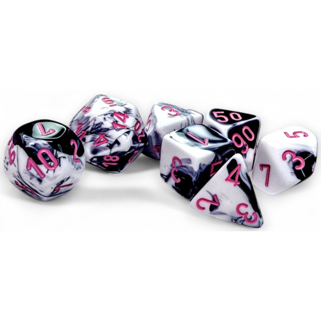 Dice Chessex GEMINI 7-DIE SET BLACK-WHITE/PINK 26469