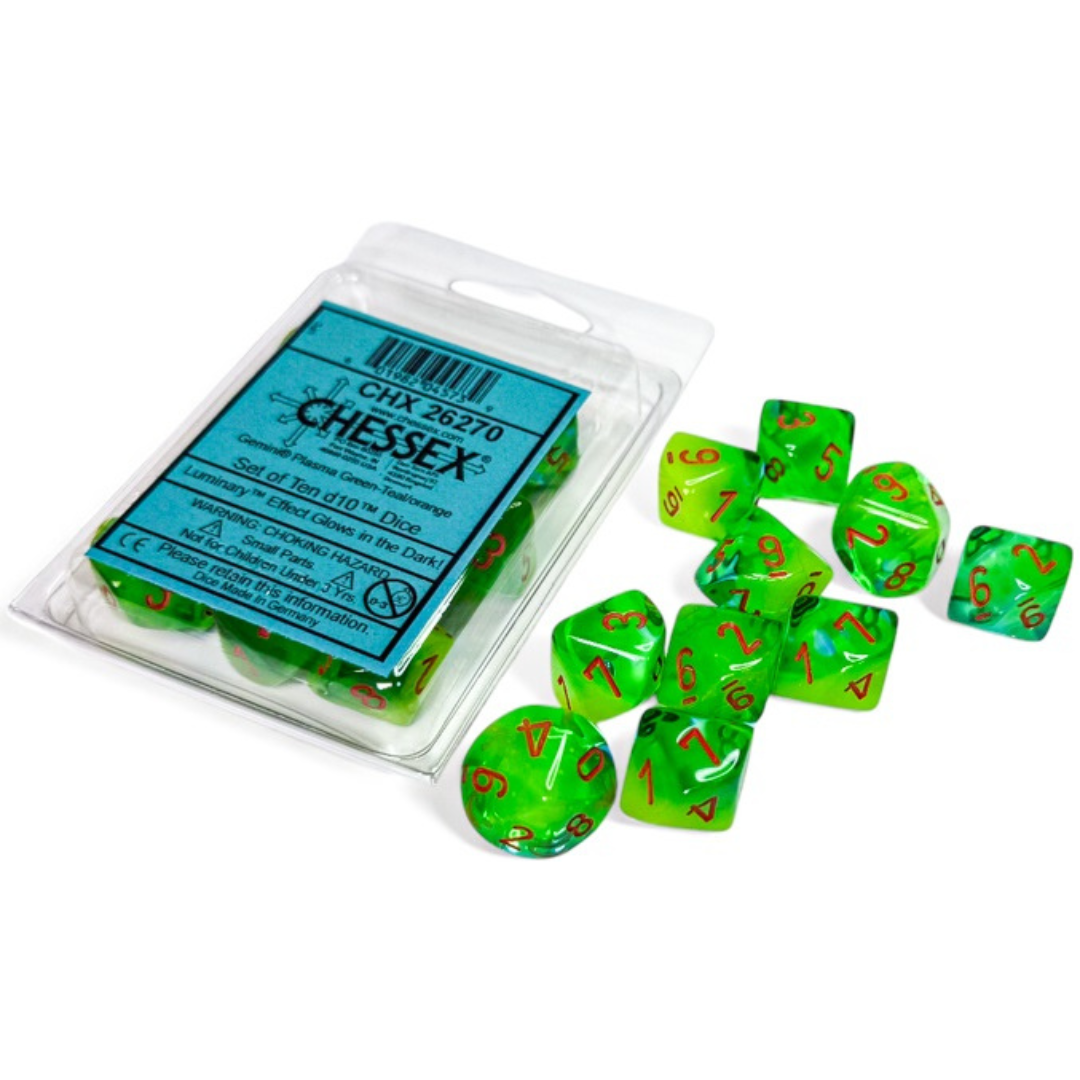 Dice Chessex GEMINI 10D10 PLASMA GREEN-TEAL/ORANGE LUMINARY