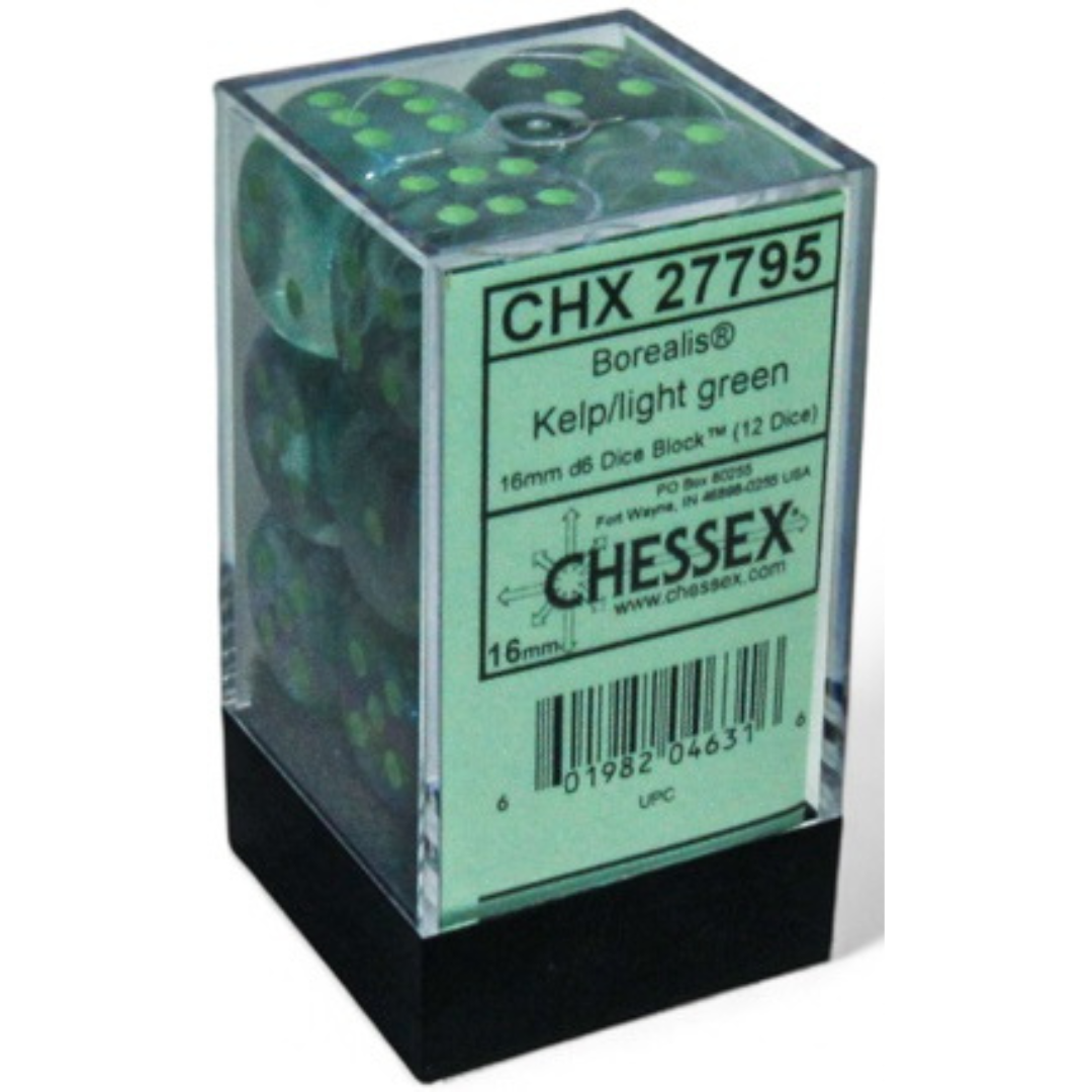 Dice Chessex BOREALIS 12D6 KELP/LIGHT GREEN LUMINARY 16MM 27795