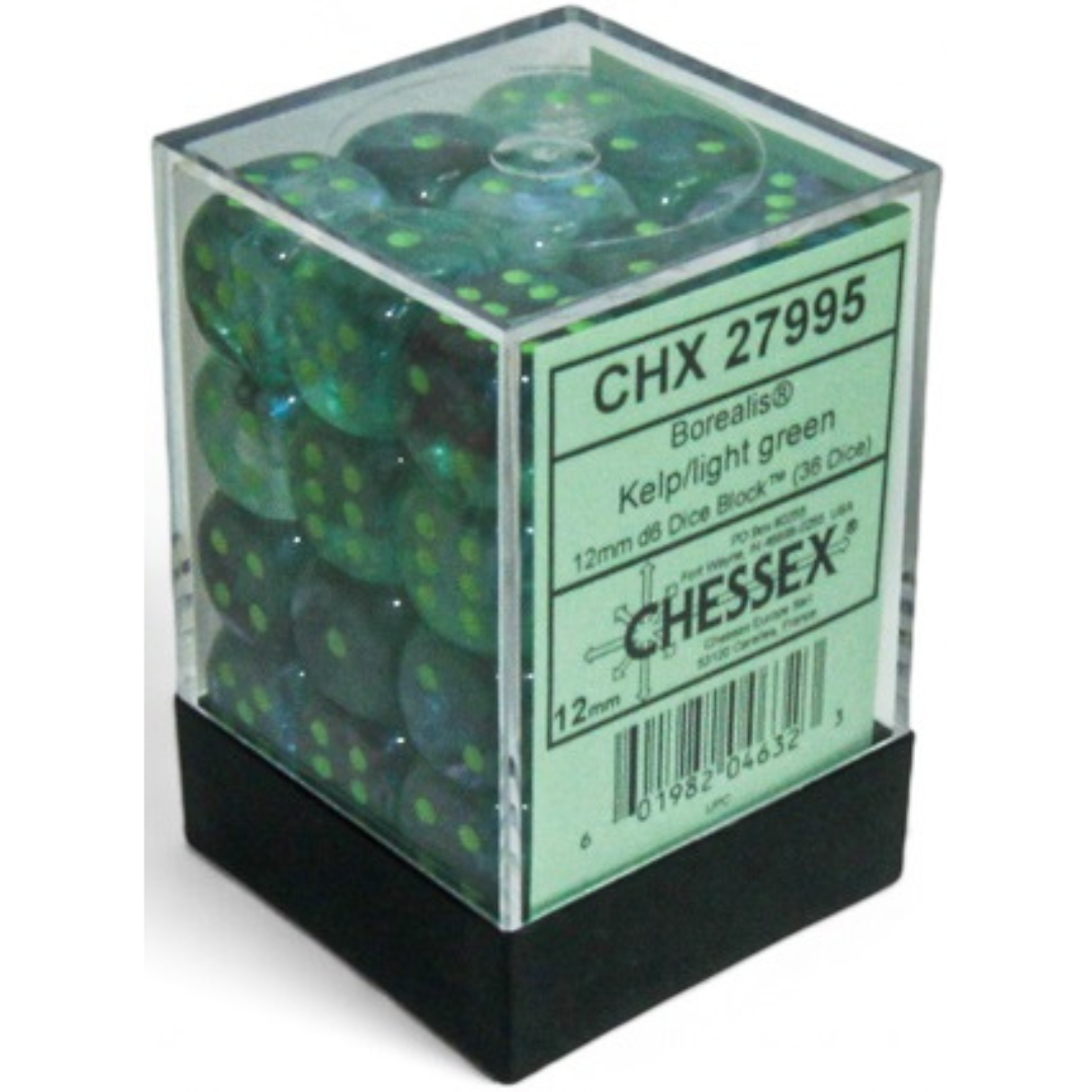 Dice Chessex BOREALIS 36D6 KELP/LIGHT GREEN LUMINARY 12MM 27995