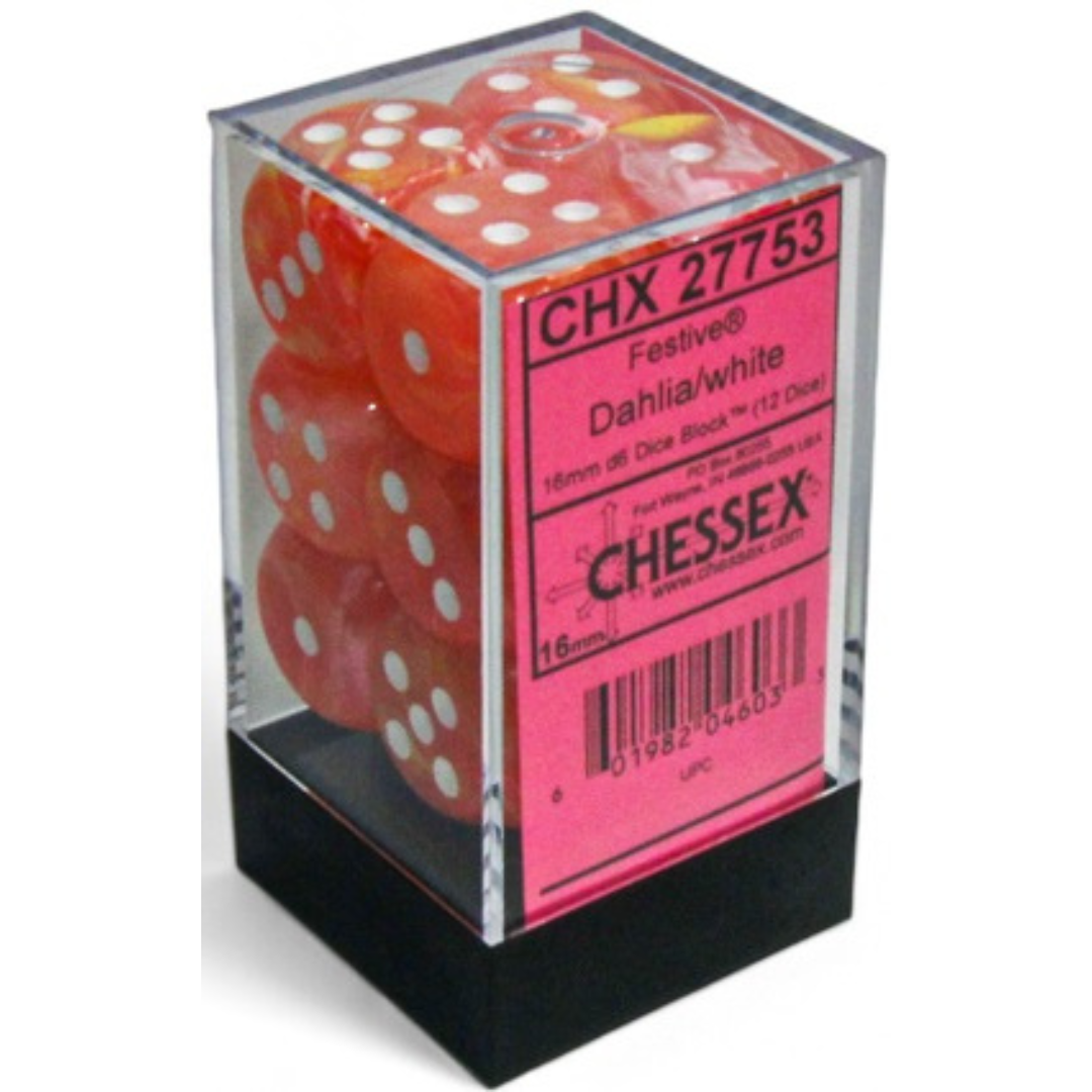 Dice Chessex FESTIVE 12D6 DAHLIA/WHITE LUMINARY 16MM 27753