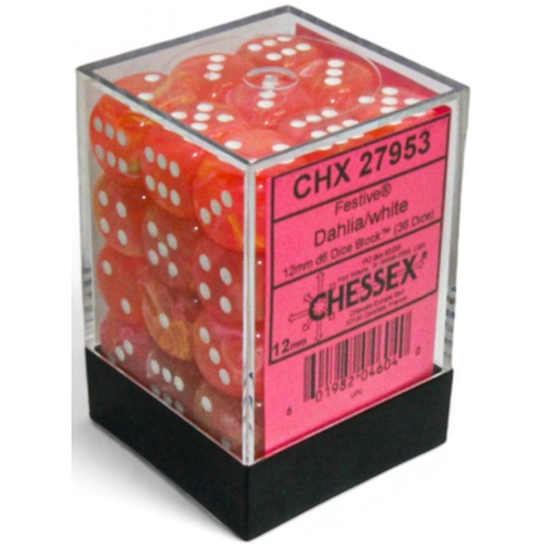 Dice Chessex FESTIVE 36D6 DAHLIA/WHITE LUMINARY 12MM 27953