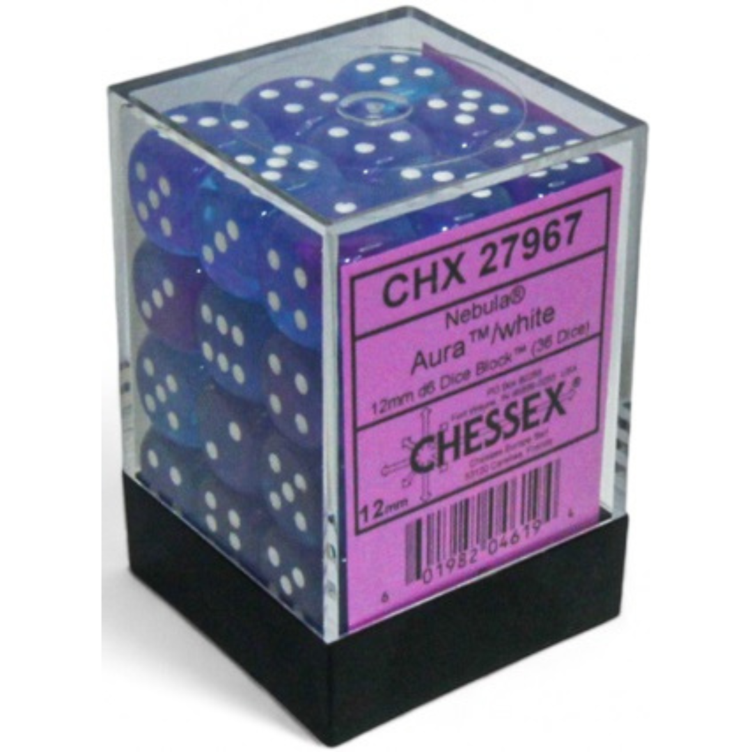 Dice Chessex NEBULA 36D6 AURA/WHITE LUMINARY 12MM 27967