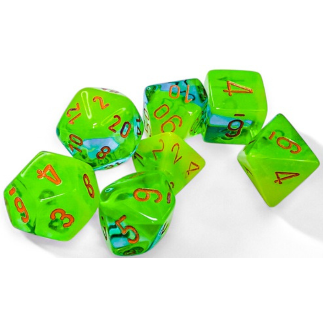 Dice Chessex GEMINI 7-DIE SET PLASMA GREEN-TEAL/ORANGE LUMINARY