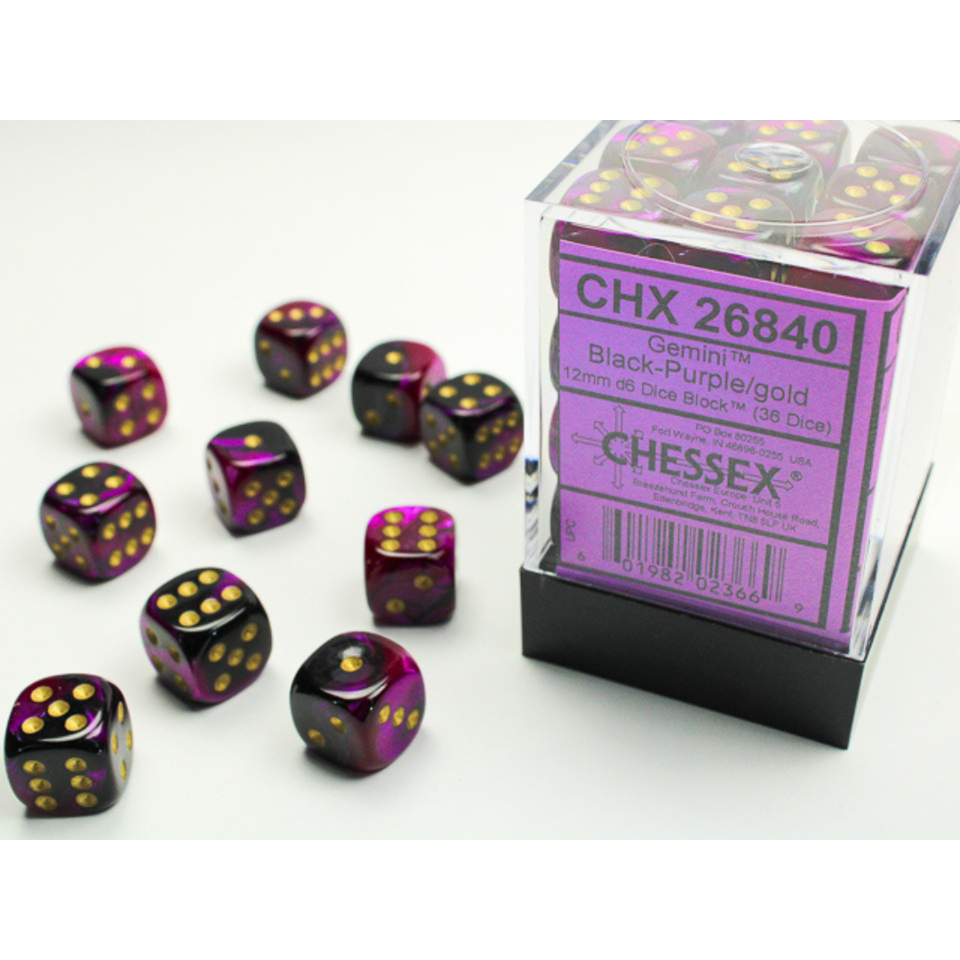 Dice Chessex Translucent: 36D6 Gemini Black-Purple/Gold 26840