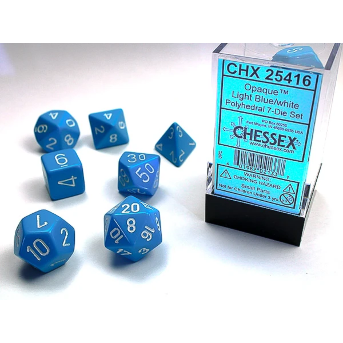 Dice Chessex Opaque Light Blue/white Polyhedral 7-Dice Set 25416