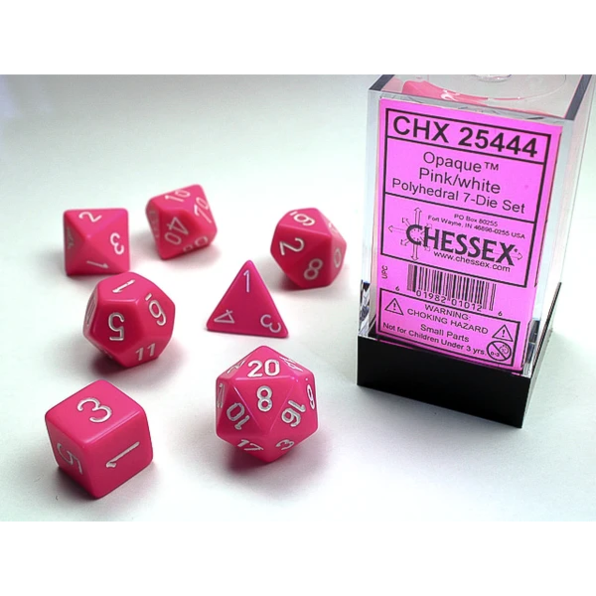 Dice Chessex Opaque Pink/white Polyhedral 7-Dice Set 25444