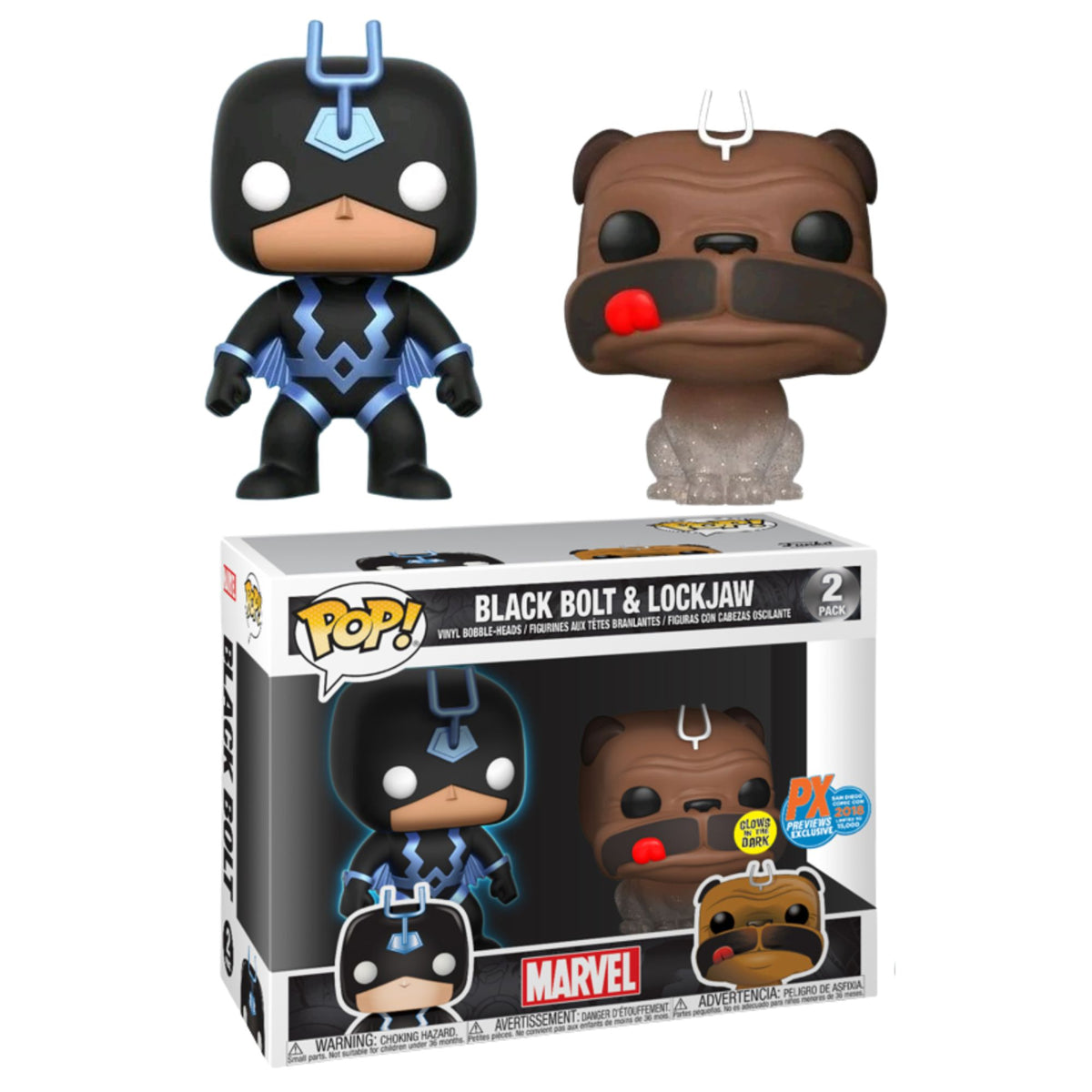 Funko Pop Marvel Black Bolt & Lockjaw 2 pack SDCC Exclusive Glows in the Dark