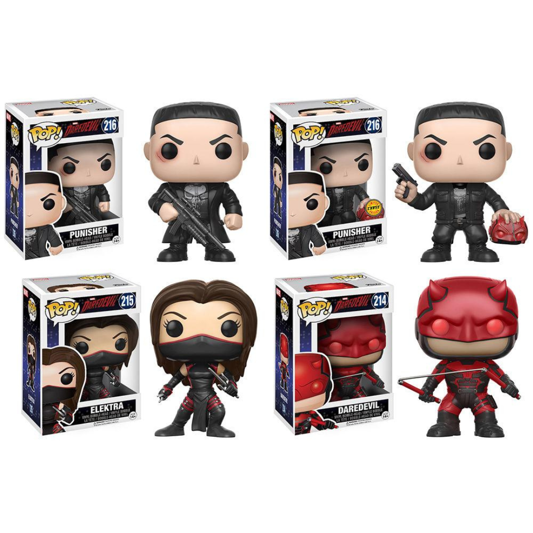 Funko Pop Marvel Netflix Daredevil SET of 4, Daredevil 214, Elektr 215, Punisher 216, Punisher 216 Chase