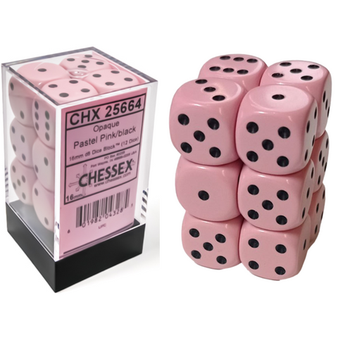 Dice Chessex 16mm d6 12 Dice Set Opaque Pastel Pink/Black 25664