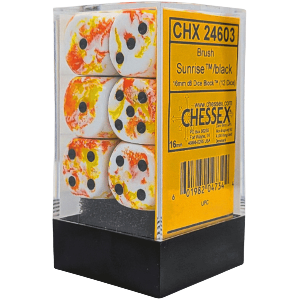 Dice Chessex Brush 12 D6 Sunrise / Black 16MM 24603