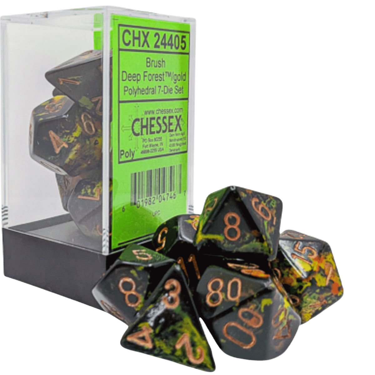 Dice Chessex Brush  Polyhedral 7 Dice Set Deep Forest / Gold 24405