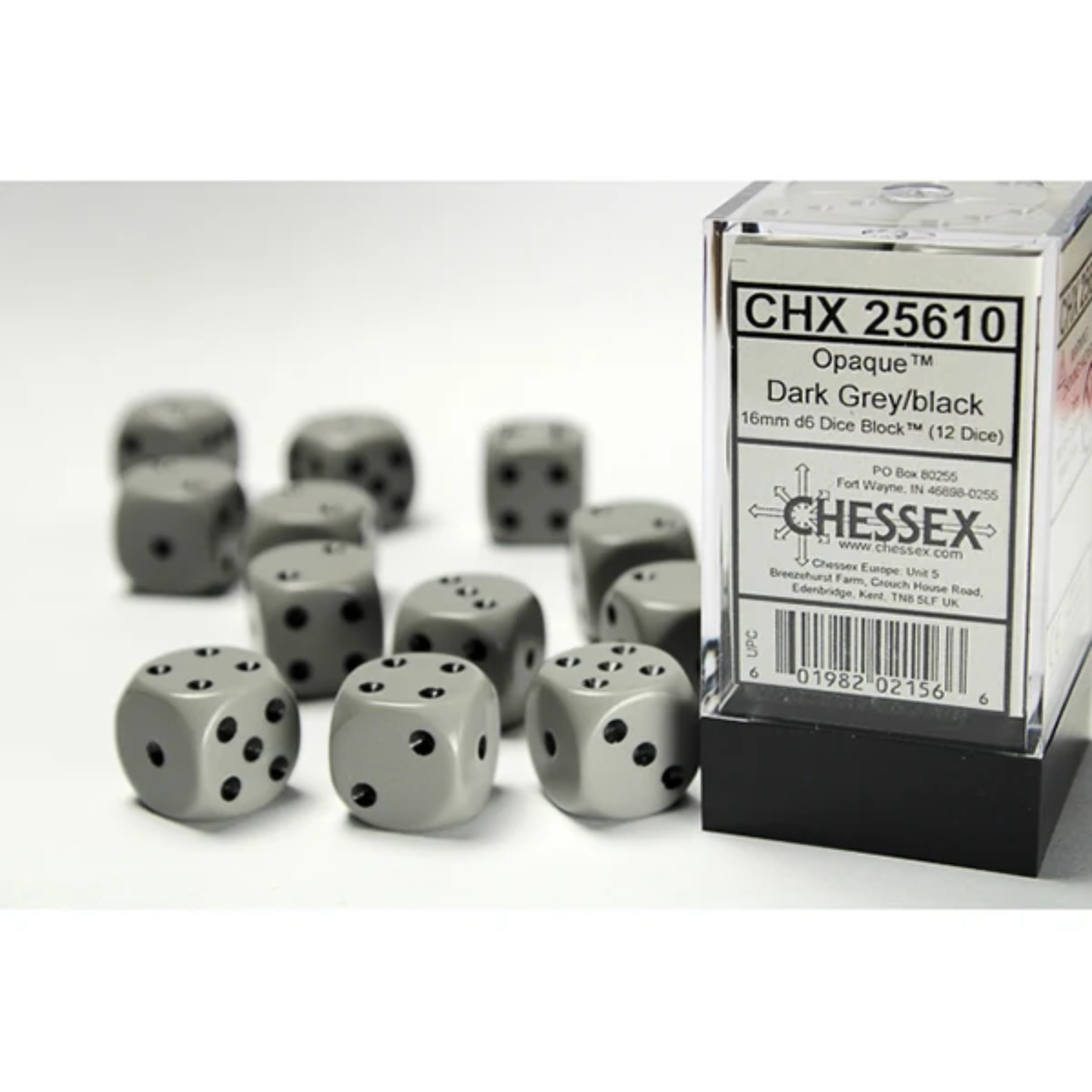 Dice Chessex Opaque Dark Grey/black 16mm d6 Dice Block 25610 (12 dice)
