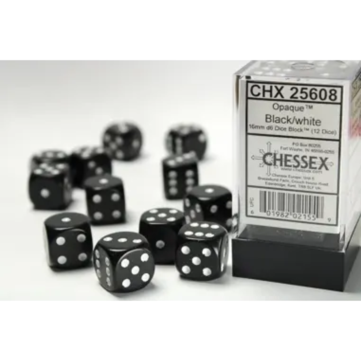 Dice Chessex Opaque Black/white 16mm d6 Dice Block (12 dice)