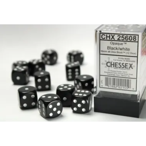 Dice Chessex Opaque Black/white 16mm d6 Dice Block (12 dice)