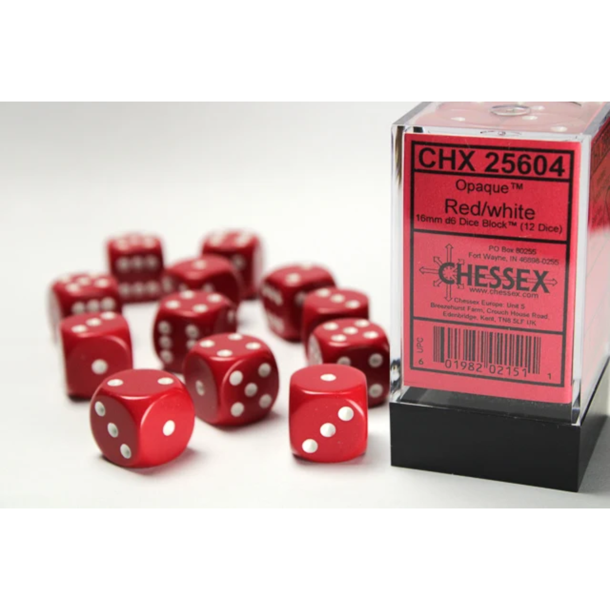 Dice Chessex Opaque Red/white 16mm d6 Dice Block 25604 (12 dice)