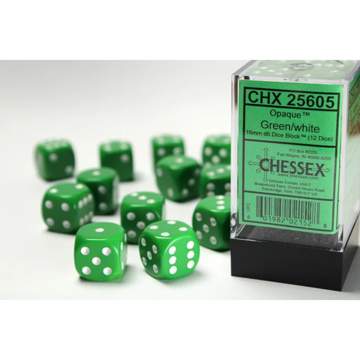 Dice Chessex Opaque Green/white 16mm d6 Dice Block (12 dice)