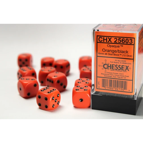 Dice Chessex Opaque Orange/black 16mm d6 Dice Block 25603 (12 dice)