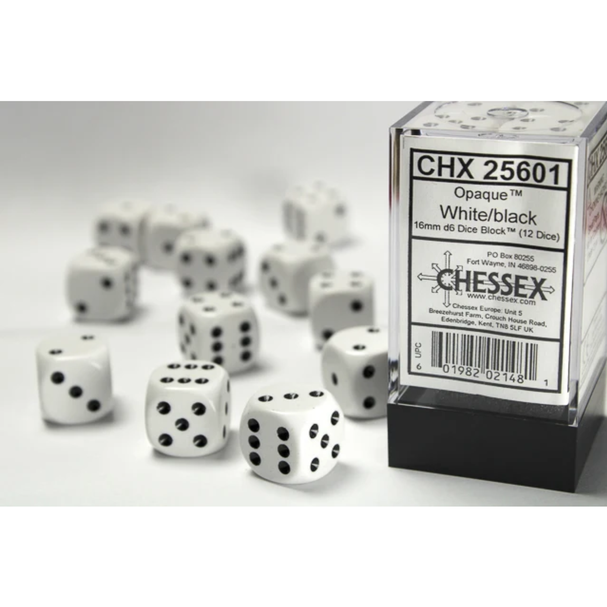 Dice Chessex Opaque White/Black 16mm d6 Dice Block 25601 (12 dice)