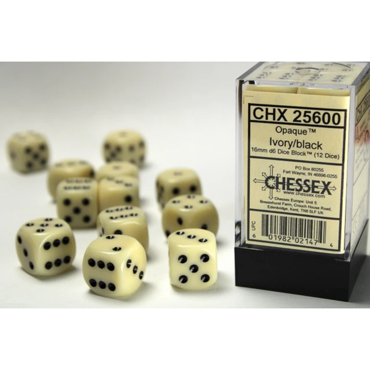 Dice Chessex Opaque Ivory/black 16mm d6 Dice Block 25600 (12 dice)