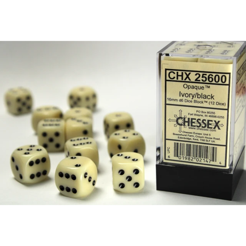 Dice Chessex Opaque Ivory/black 16mm d6 Dice Block 25600 (12 dice)