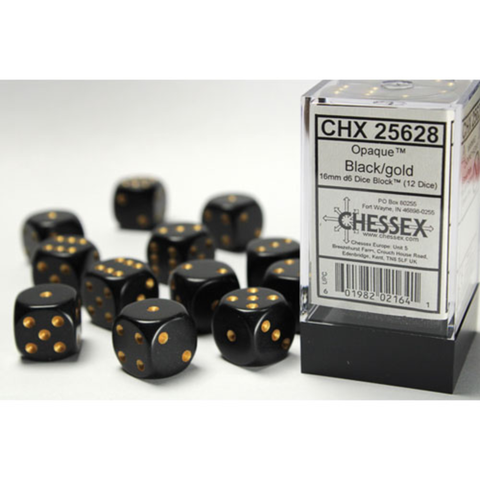 Dice Chessex Opaque Black/gold 16mm d6 Dice Block 25628 (12 dice)