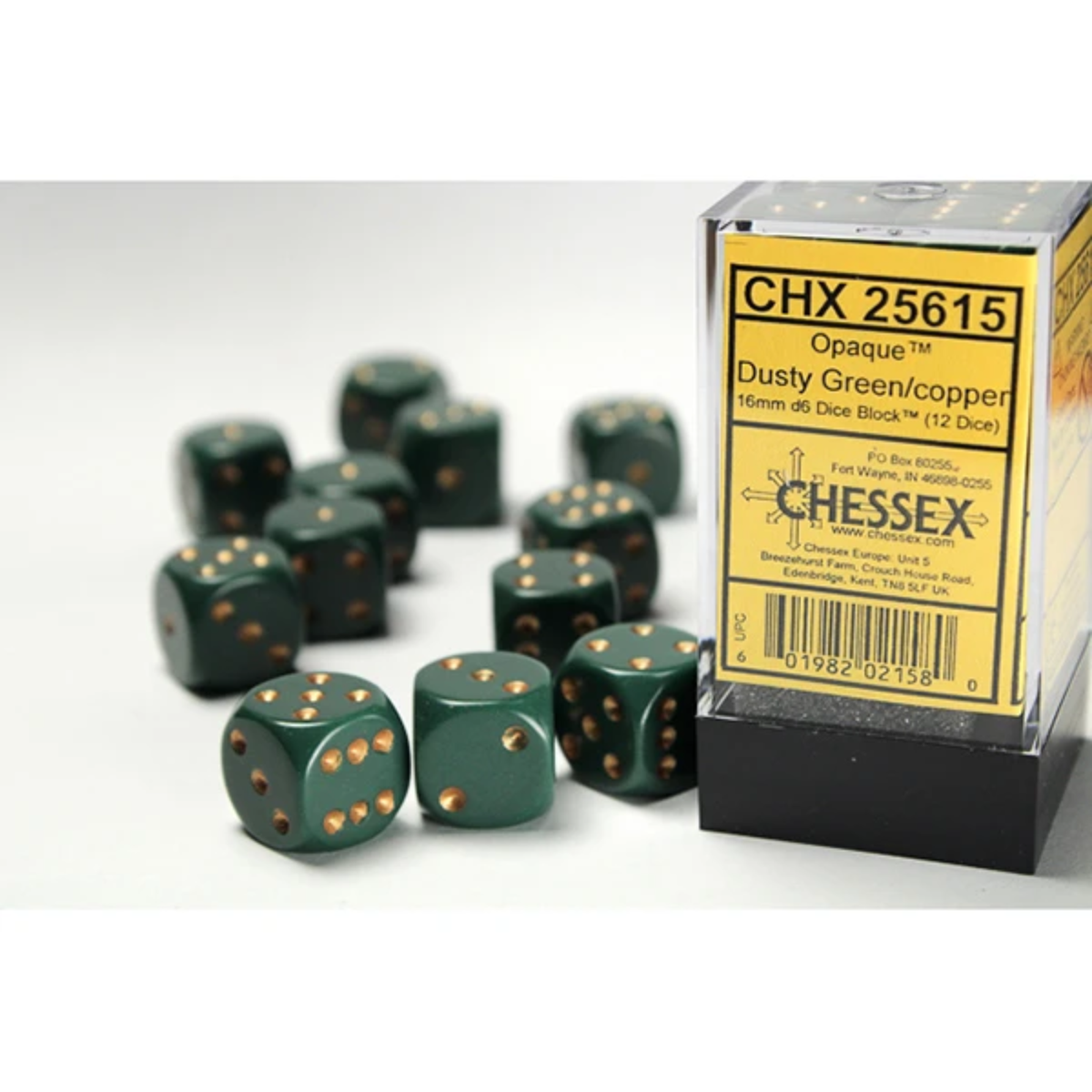 Opaque Dusty Green/copper 16mm d6 Dice Block 25615 (12 dice)