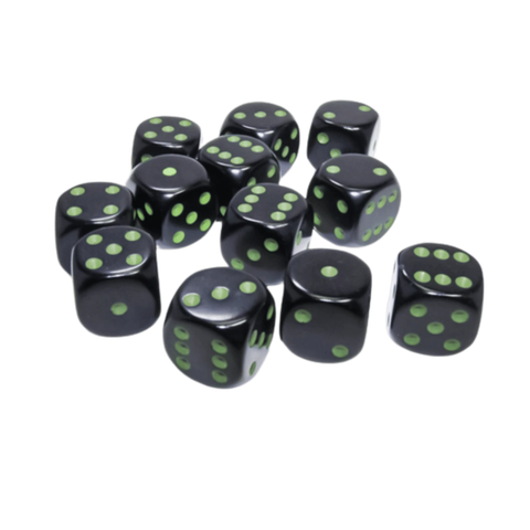Dice Chessex Opaque Black/green 16mm d6 Dice Block 25658 (12 dice)
