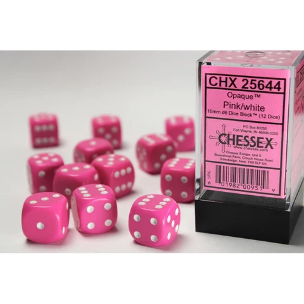 Dice Chessex Opaque Pink/white 16mm d6 Dice Block 25644 (12 dice)