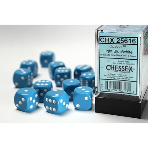 Dice Chessex Opaque Light Blue/white 16mm d6 Dice Block 25616 (12 dice)