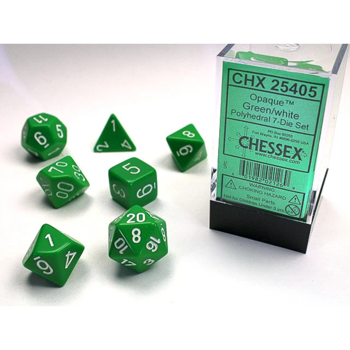 Dice Chessex Opaque Green/white Polyhedral 7-Dice Set 25405