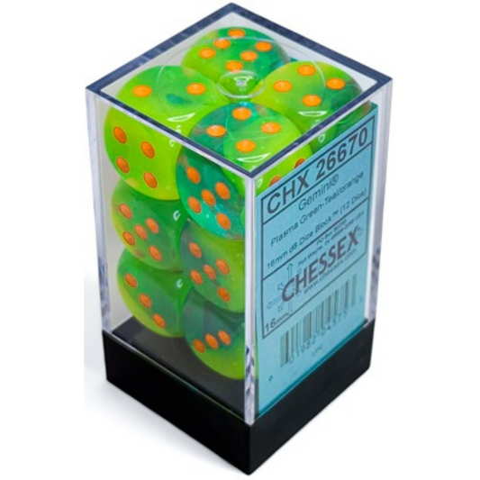 Dice Chessex GEMINI 12D6 PLASMA GREEN-TEAL/ORANGE LUMINARY 16MM 26670