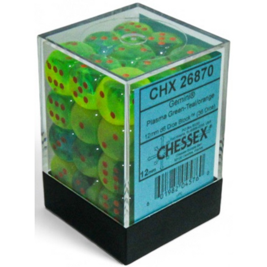 Dice Chessex GEMINI 36D6 PLASMA GREEN-TEAL/ORANGE LUMINARY 12MM 26870