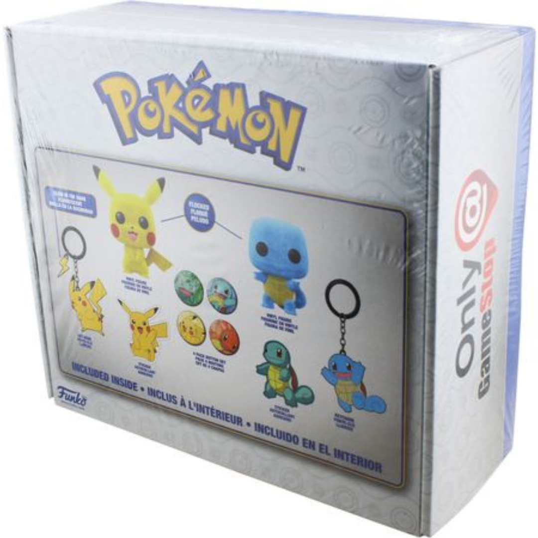 Funko Box: Pokemon Gamestop Exclusive Flocked Pikachu #353 and Flocked Squirtle #504, Stickers, Keychains, and Pins