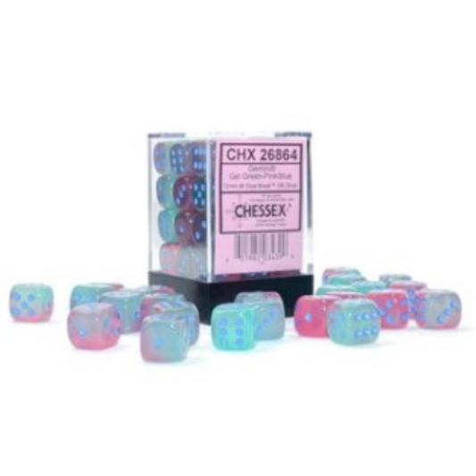 Dice Chessex Translucent: 36D6 Gemini Gel Green-Pink/Blue 26864