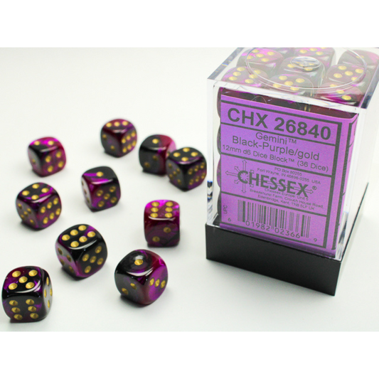 Dice Chessex Translucent: 36D6 Gemini Black-Purple/Gold 26840