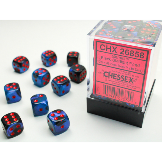 Dice Chessex Translucent: 36D6 Gemini Black-Starlight/Red 26858