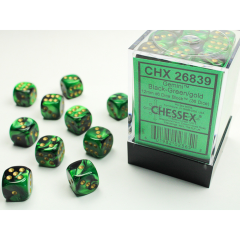 Dice Chessex Translucent: 36D6 Gemini Black-Green/Gold 26839