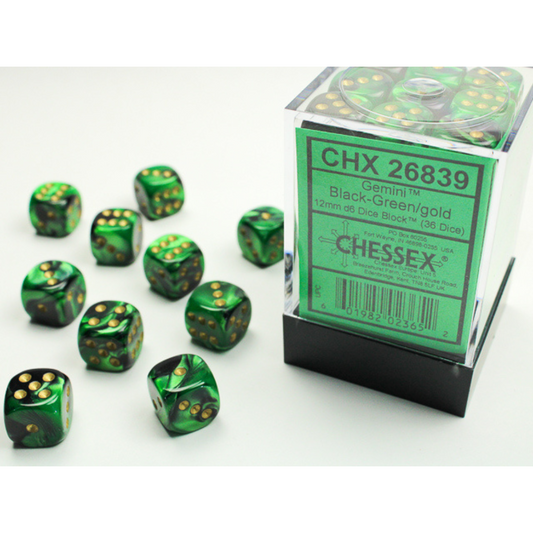 Dice Chessex Translucent: 36D6 Gemini Black-Green/Gold 26839