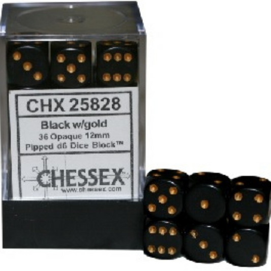 Dice Chessex Translucent: 36D6 Opaque Black/Gold 25828