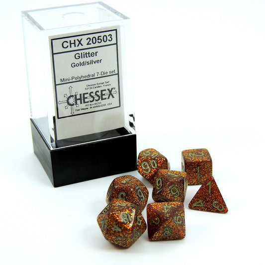 Dice Chessex Mini-Polyhedral 7-Die Set Glitter Gold/Silver 20503