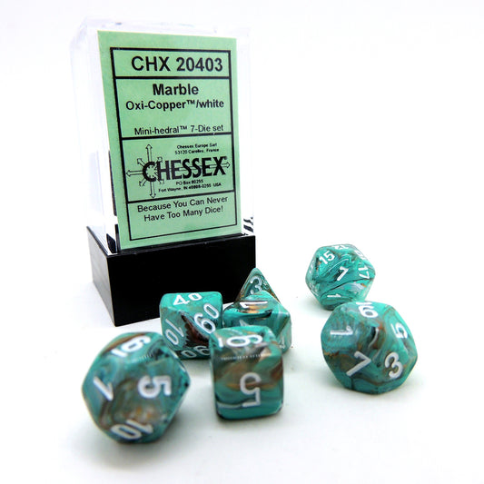 Dice Chessex Mini-Hedral 7-Die Set Marble Oxi-Copper/White 20403